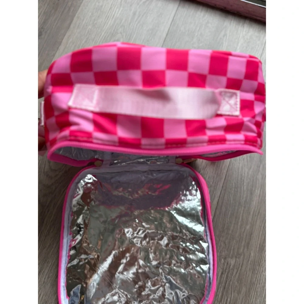 Pink Checkered Insulated Lunch Bag Chenille Patch Adjustable Strap